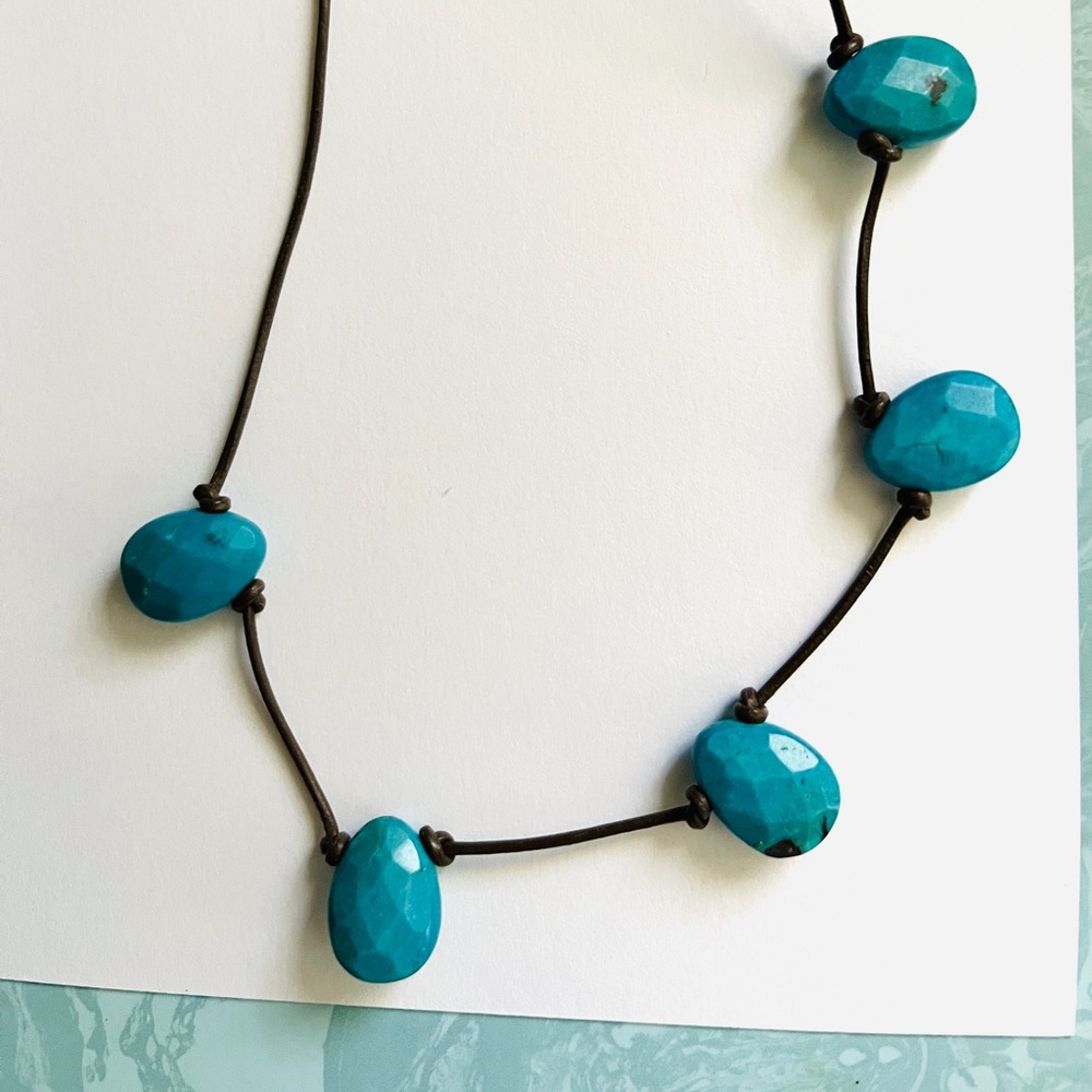 Vintage Turquoise & Leather Boho Choker Facetted Stones Necklace